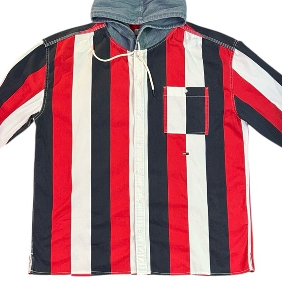 Vintage Tommy Hilfiger Big Striped Red and Blue Hooded Shirt Men’s XXL - Picture 2 of 9